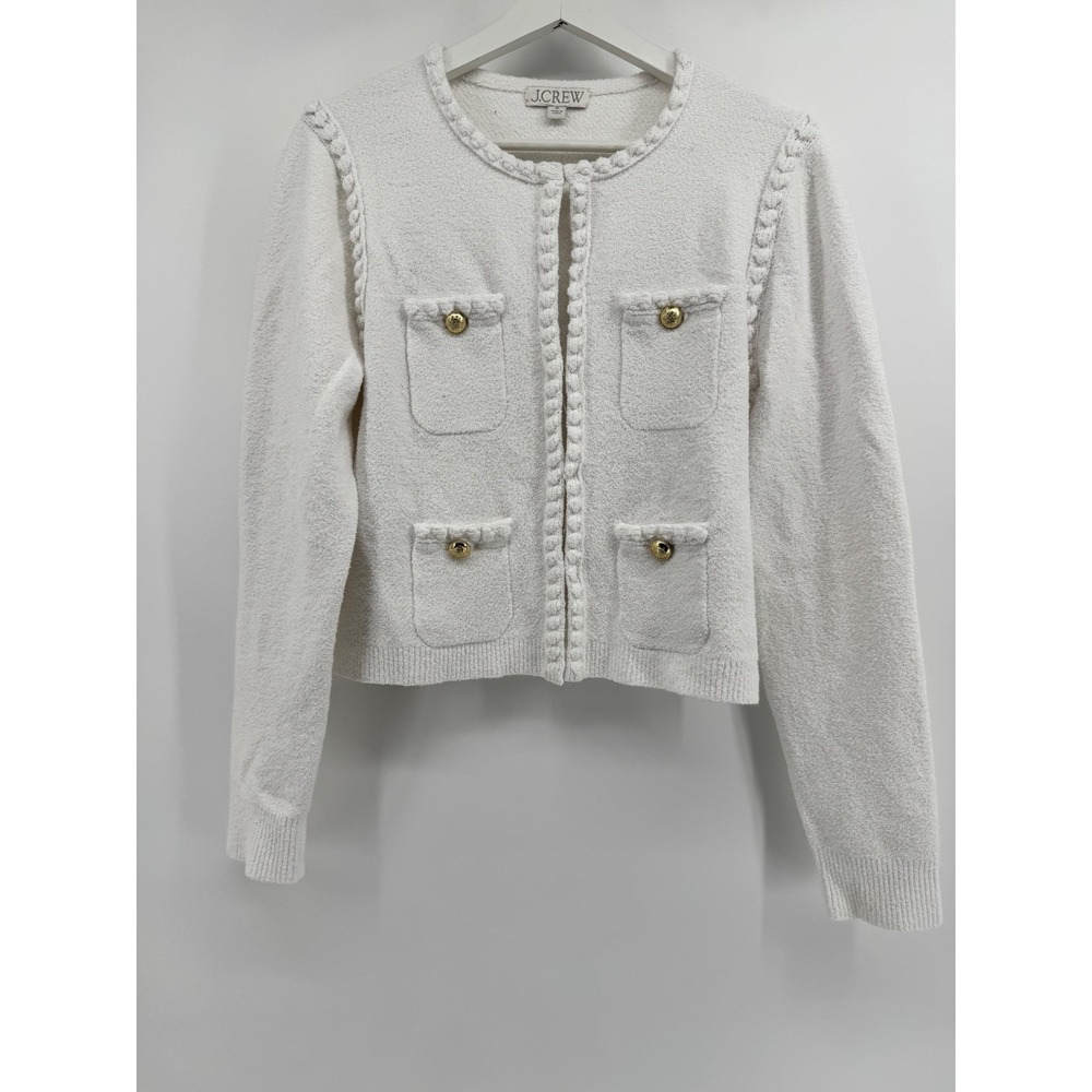 J.Crew Womens White Boucle Lady Jacket Cardigan Gold Button Knit Sweater Medium